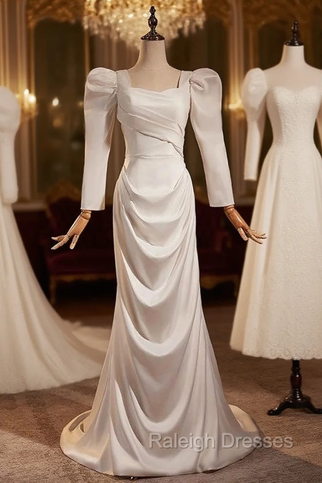 Fashion White Mermaid Long Sleeve Pleats Wedding Dress Main image