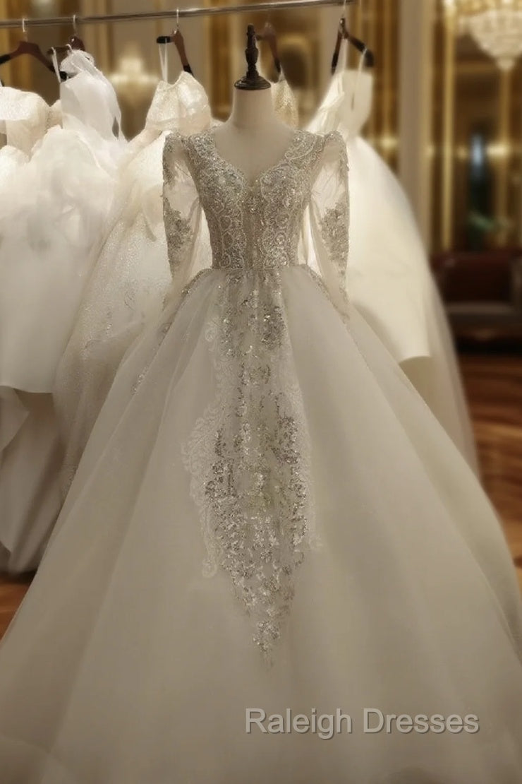 Fashion White Tulle V-neck Long Sleeve Beading Wedding Dress