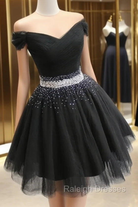 Fashionable Black Short Beaded Party Dress, Black Prom Dress Main image