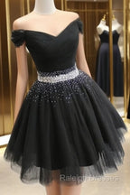Fashionable Black Short Beaded Prom Dress, Black Prom Dress