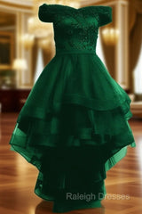 Fashionable Dark Green High Low Tulle with Lace Homecoming Dress, Green Party Dresses