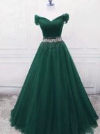 Fashionable Dark Green Long Beade Prom Dresses Green Prom Dresses
