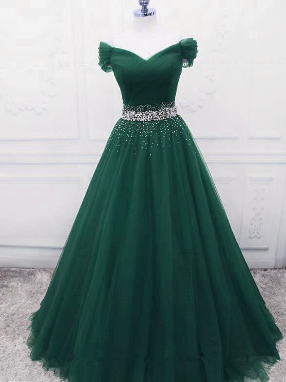 Fashionable Dark Green Long Beade Prom Dresses Green Prom Dresses