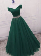 Fashionable Dark Green Long Beade Prom Dresses Green Prom Dresses