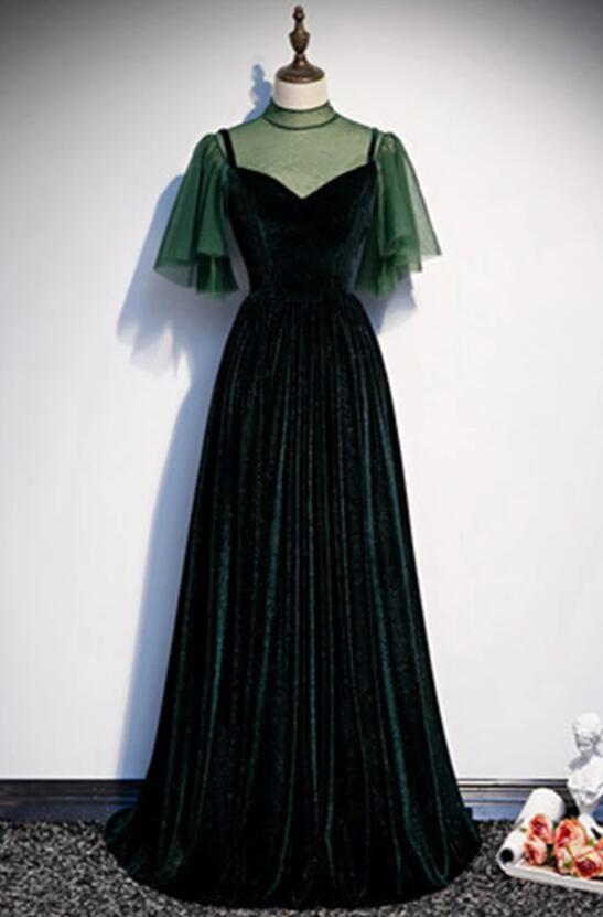 Fashionable Dark Green Velvet Long Prom Gowns Green Bridesmaid Dresses