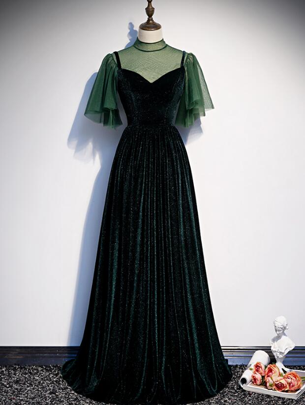 Fashionable Dark Green Velvet Long Prom Gowns Green Bridesmaid Dresses Main image