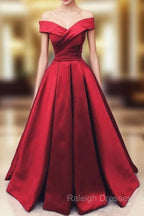 Fashionable Dark Red Satin Simple Off Shoulder Prom Dress, Red Party Dress Evening Dress