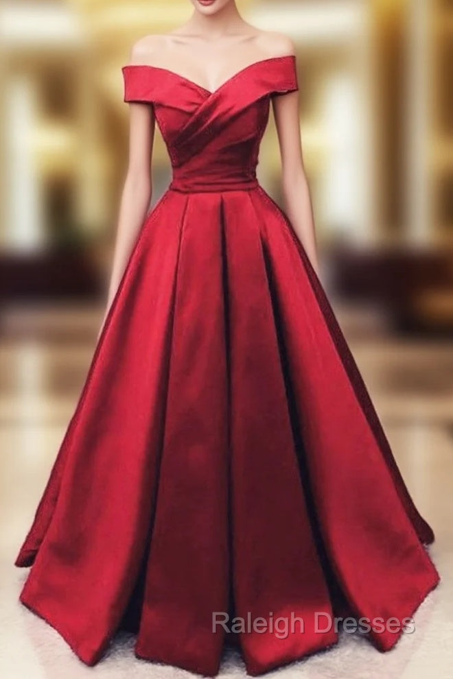 Fashionable Dark Red Satin Simple Off Shoulder Prom Dress, Red Party Dress Evening Dress