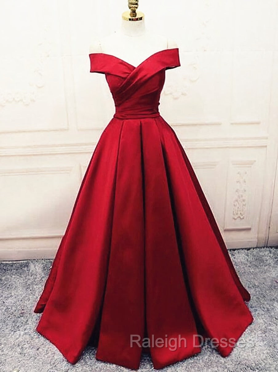 Fashionable Dark Red Satin Simple Off Shoulder Prom Dresses Red Prom Dresseses