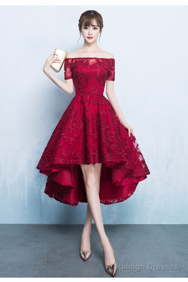 Fashionable High Low Dark Red Lace Prom Dresses Homecoming Dress