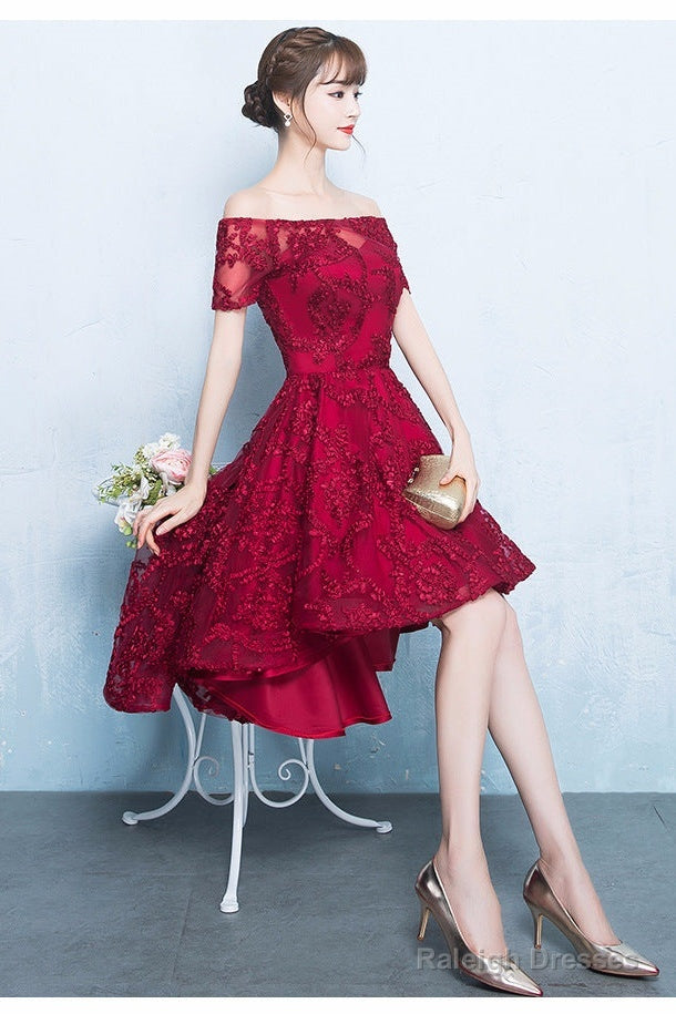 Fashionable High Low Dark Red Lace Party Dress, Homecoming Dresses