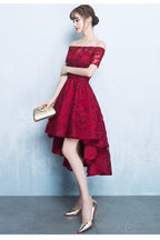 Fashionable High Low Dark Red Lace Party Dress, Homecoming Dresses