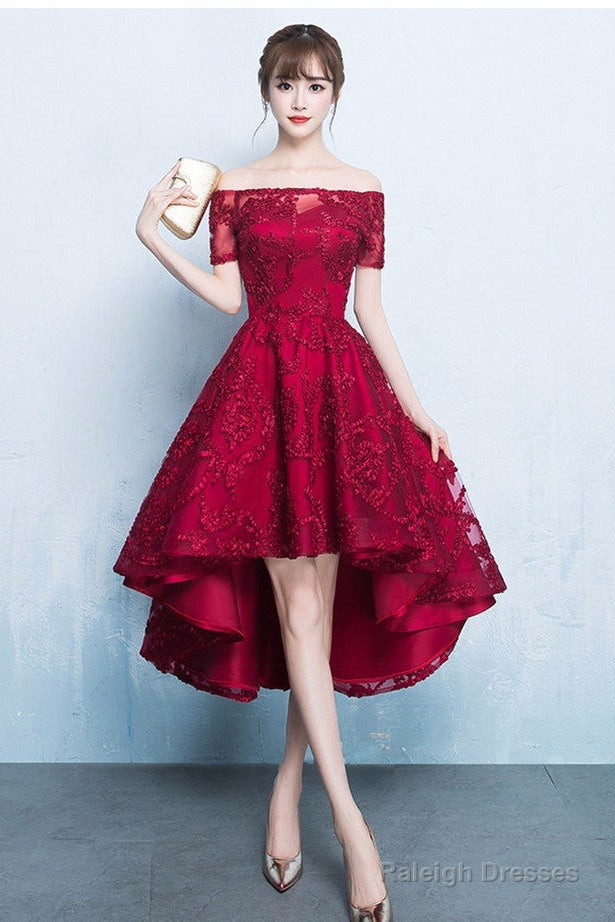 Fashionable High Low Dark Red Lace Party Dress, Homecoming Dresses Main image