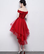 Fashionable High Low Party Dress, Red Off Shoulder Homecoming Dress
