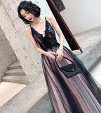 Fashionable Pink And Black Tulle V-Neckline Prom Dresses Pink Lace Applique Prom Gowns