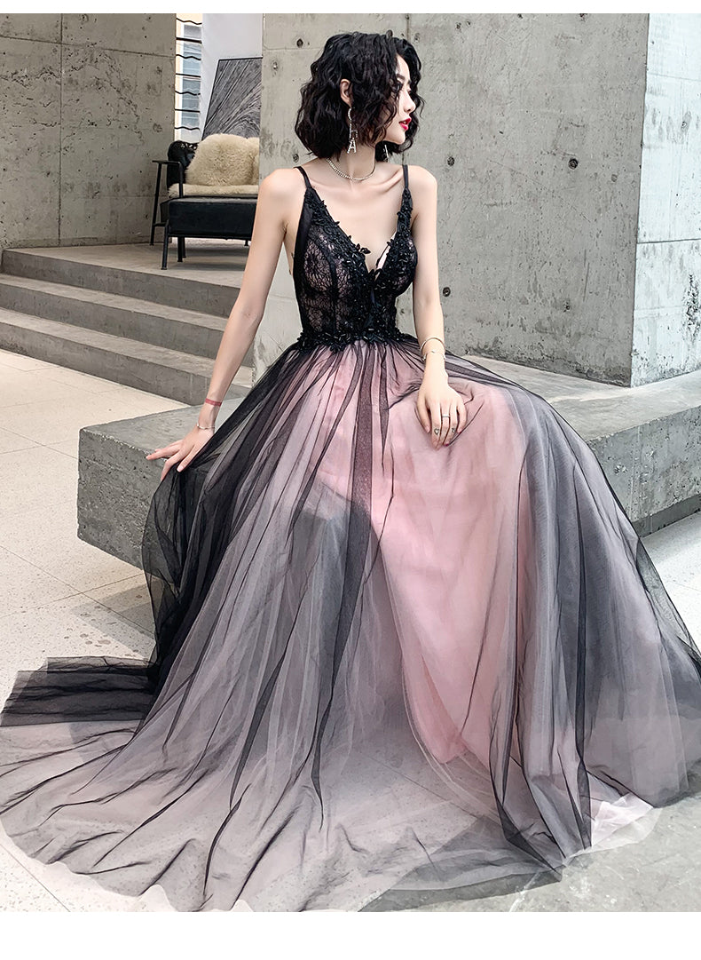 Fashionable Pink And Black Tulle V-Neckline Party Dress, Pink Lace Applique Evening Gown Main image