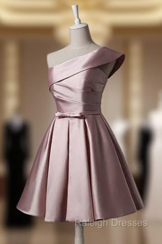 Fashionable Pink Knee Length Satin Short Prom Dress, One Shoulder Bridesmaid Dress Secondary image