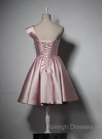 Fashionable Pink Knee Length Satin Short Prom Dress, One Shoulder Bridesmaid Dress