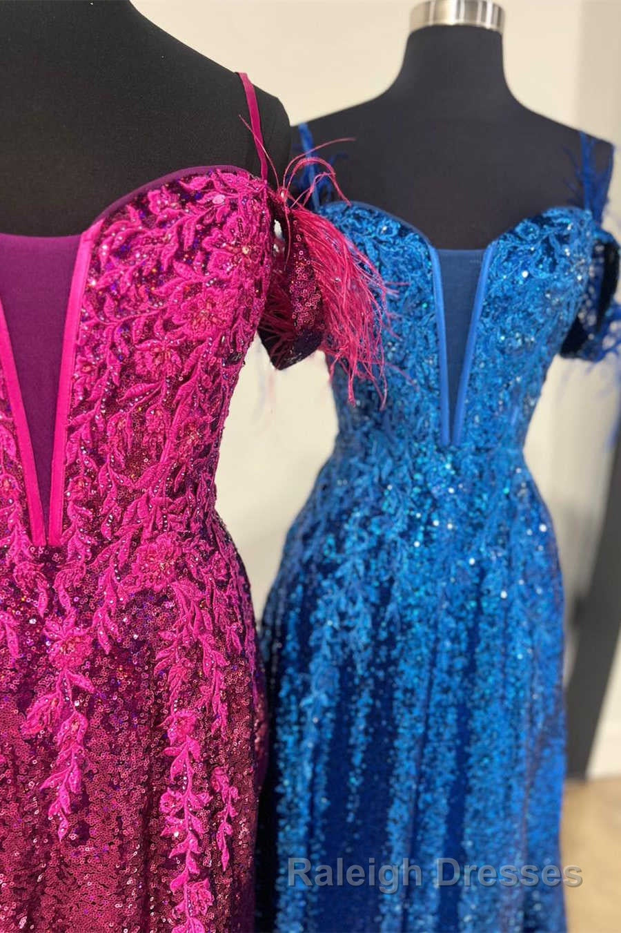 Feathered Cold Shoulder Sequin Prom Dresses Long with Appliques