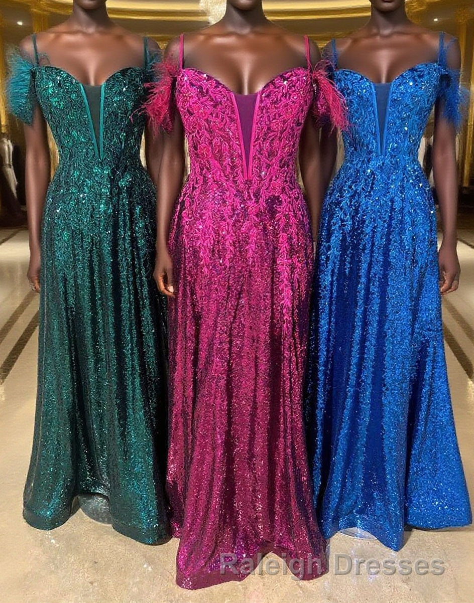 Feathered Cold Shoulder Sequin Long Prom Dress with Appliques Main image