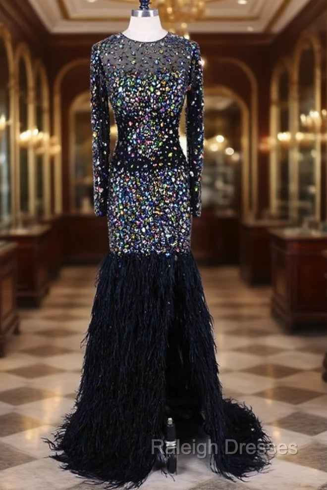 Feathers Bling Bling Mermaid Prom Long Dresses For Weddings Formal Gown