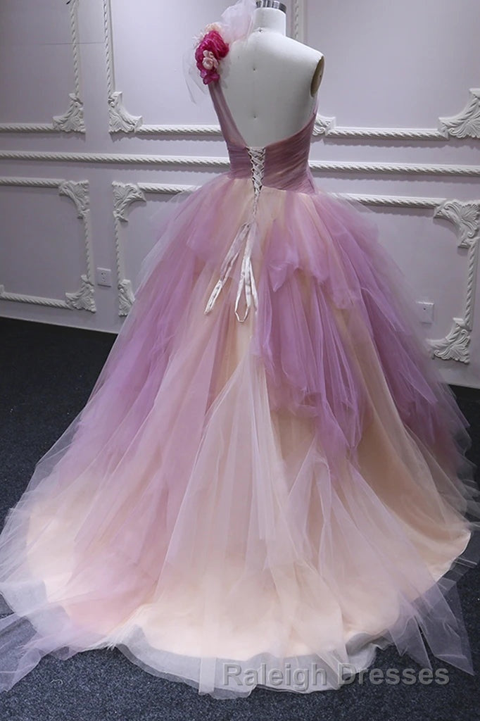 Puffy One Shoulder Sleeveless Tulle Prom Dress with Flowers, Ruffles Quinceanera Dress