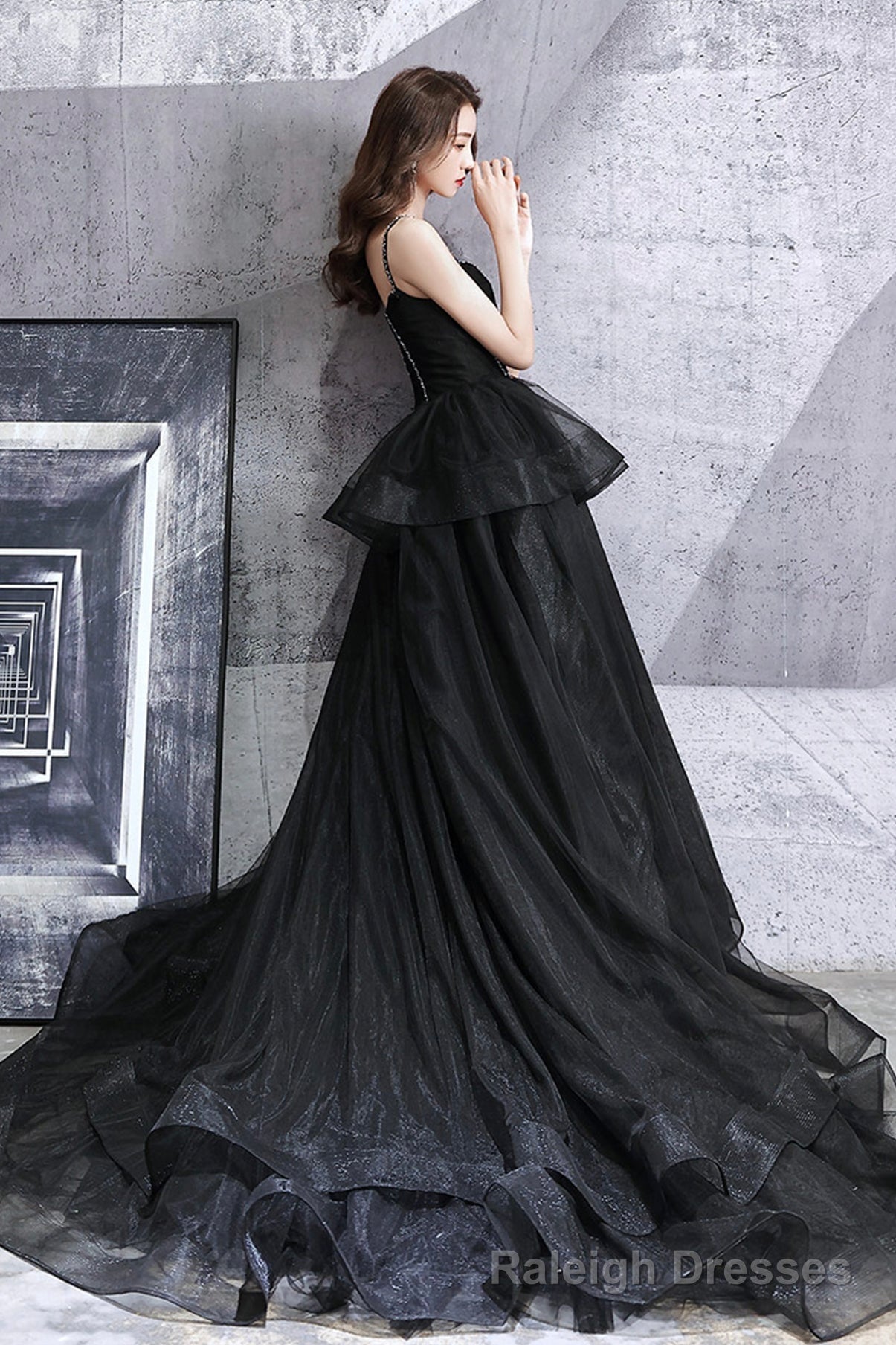 Black tulle long ball gown dress black evening dress