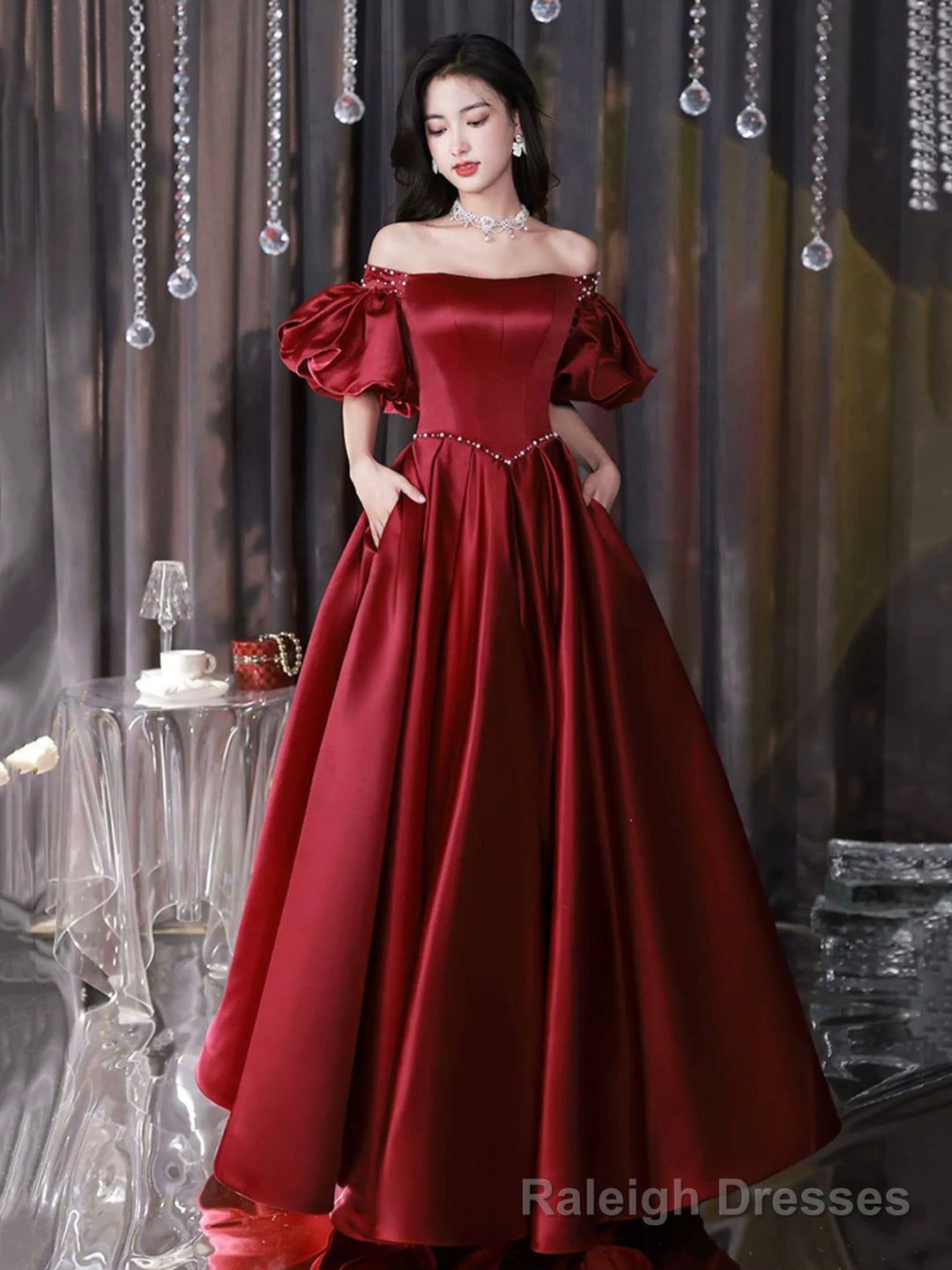 Burgundy Satin Long A-Line Formal Prom Dress Main image