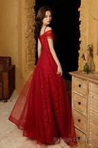 Burgundy tulle lace long prom dress A-line evening dress