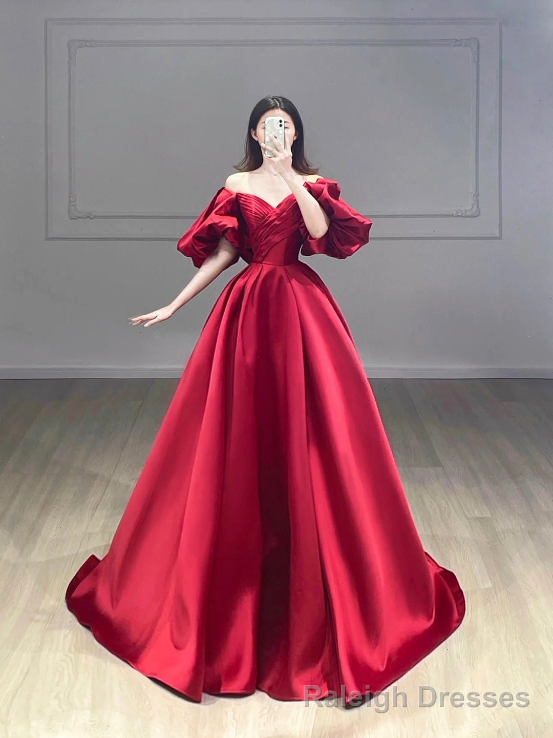 Burgundy Satin A Line Prom Dress, Burgundy Puffy Short Sleeve Prom Dress Main image