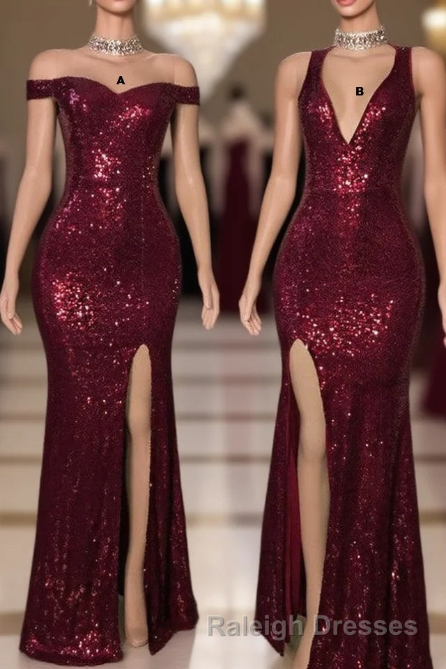 Long Mermaid Burgundy Sequin Prom Dresses Glitter Split Evening Gown Main image