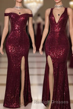 Long Mermaid Burgundy Sequin Prom Dresses Glitter Split Evening Gown