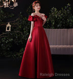 Burgundy satin long prom dress evening dress