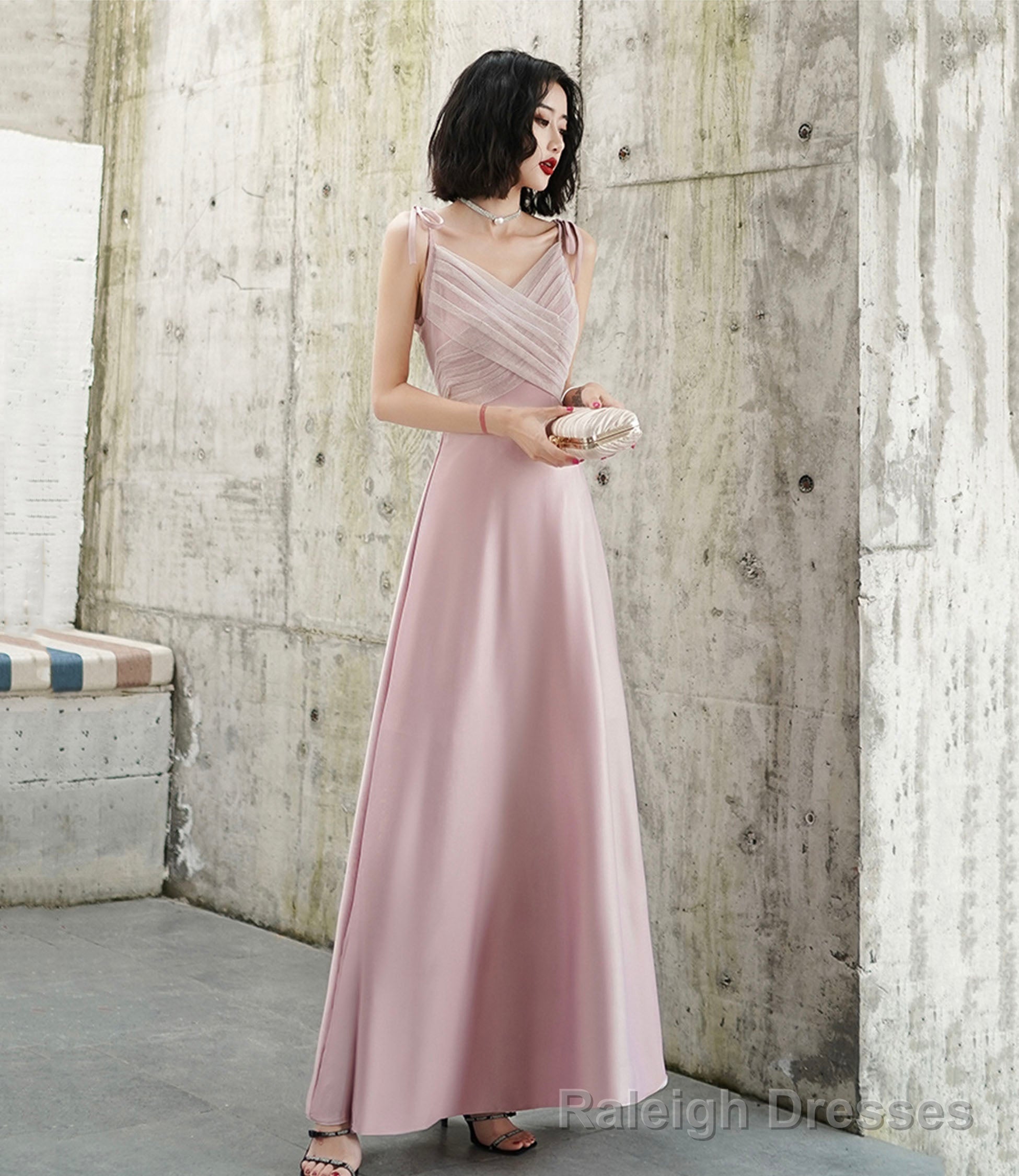 Pink V-neck long prom dress A-line evening dress Main image
