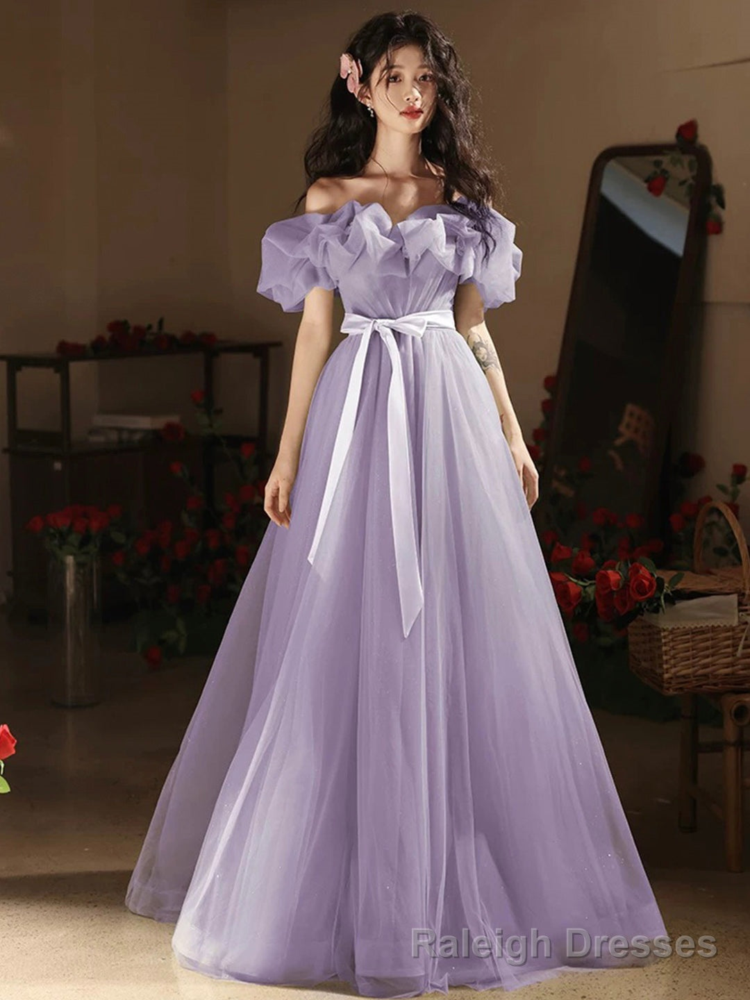 Purple Tulle Floor Length Prom Dress, Off the Shoulder Evening Party Dress