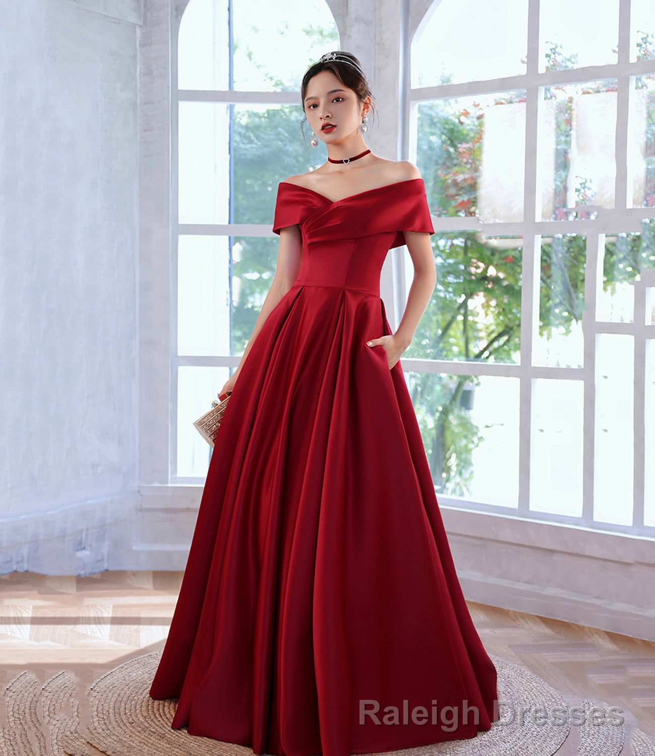 Burgundy satin long prom dress A line evening dress Main image