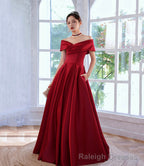 Burgundy satin long prom dress A line evening dress