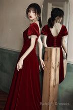 Burgundy velvet long prom dress A line evening dress