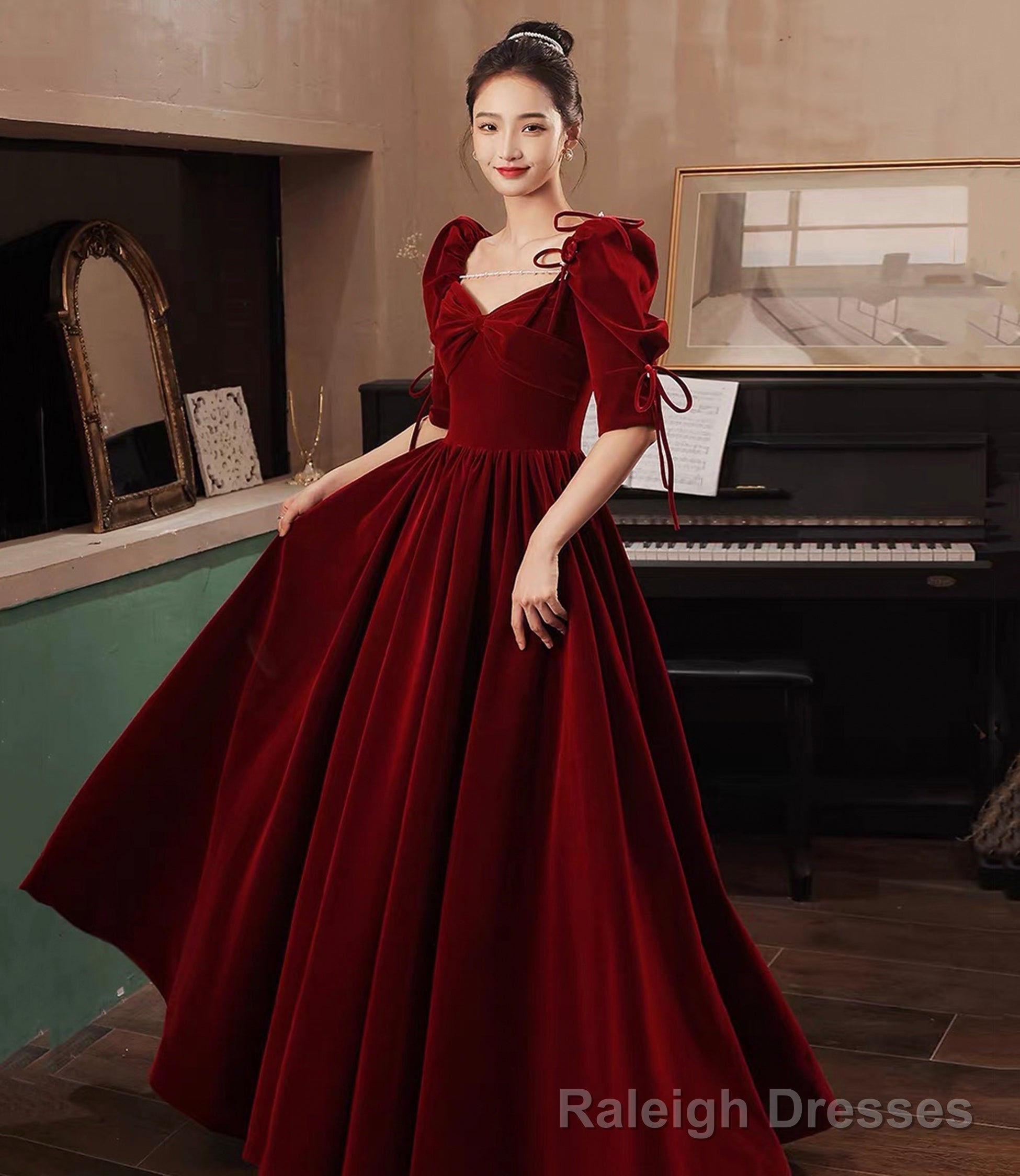 Burgundy velvet long prom dress A-line evening dress Main image