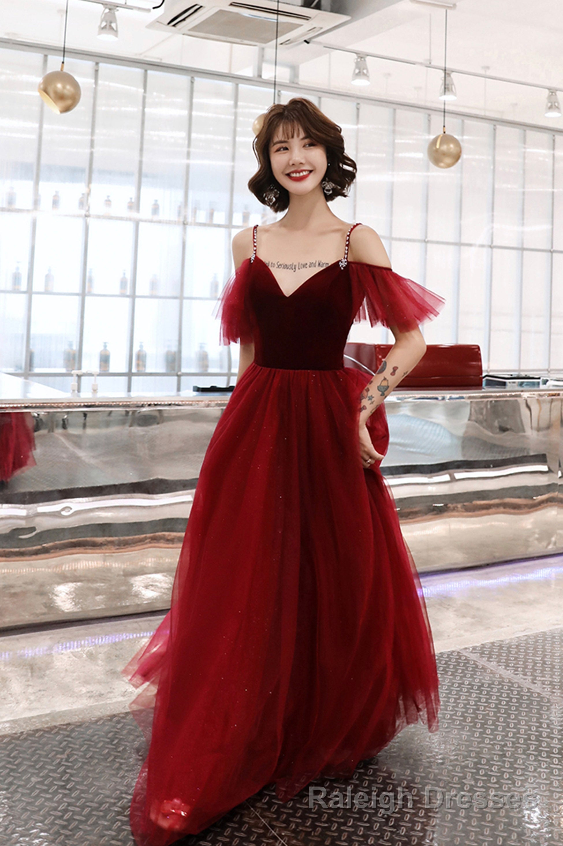 Burgundy velvet tulle long prom dress A line evening dress