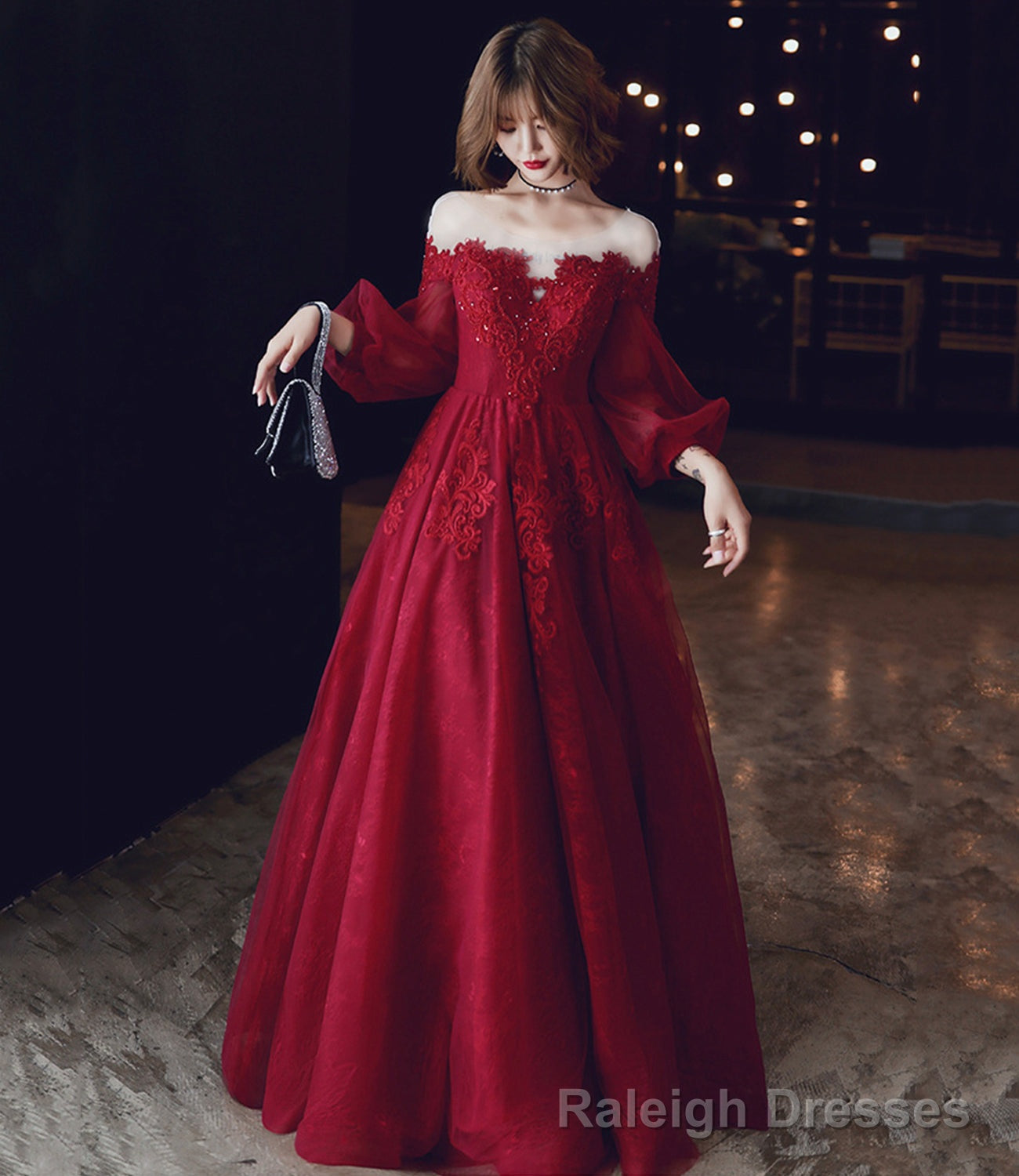 Burgundy lace long prom dress A line evening dress Main image