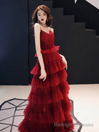 Burgundy tulle long prom gown formal dress
