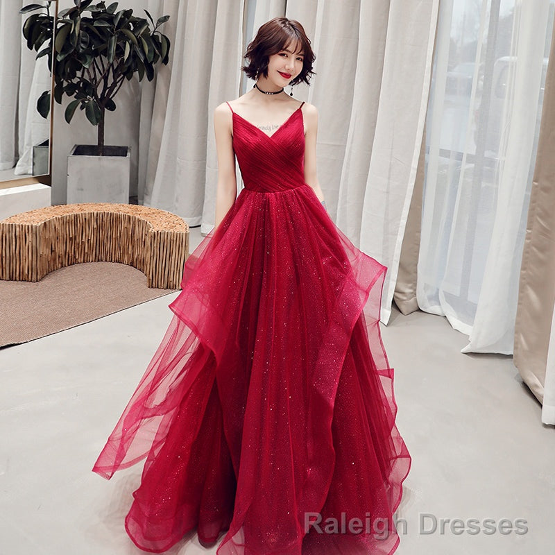 Burgundy v neck tulle long prom dress, formal dress Main image