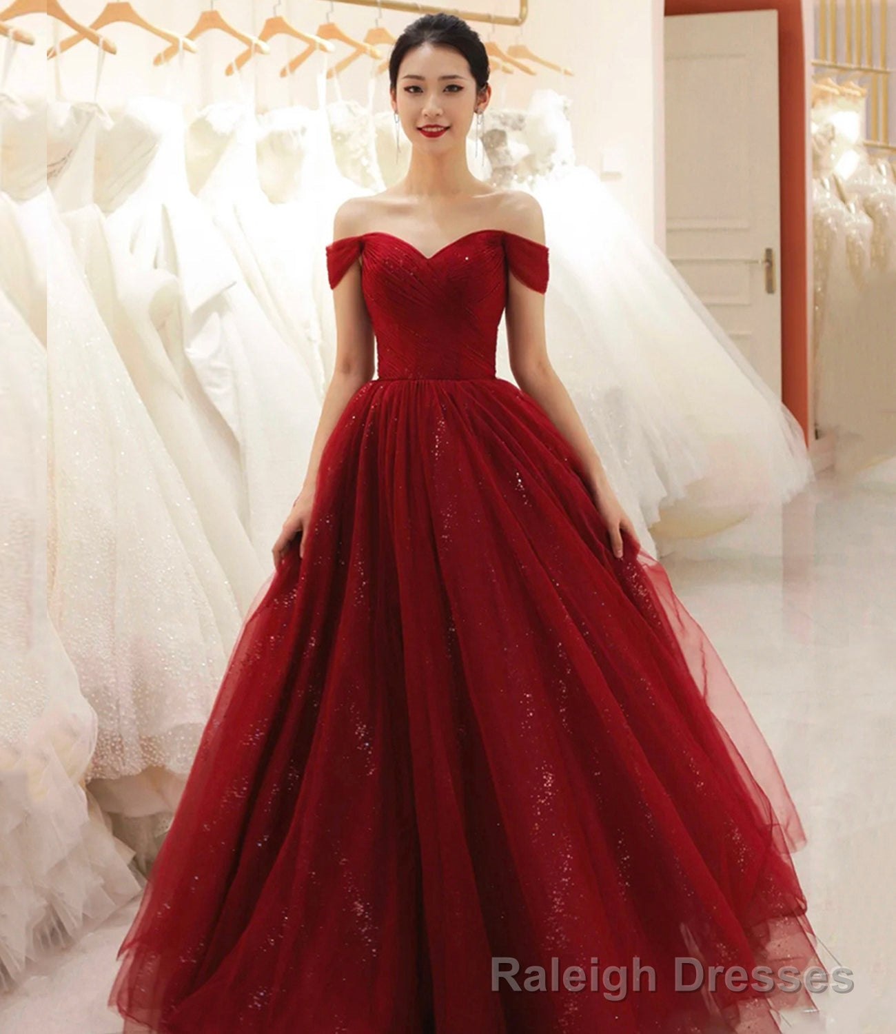 Burgundy Tulle Long Prom Dress A Line Evening Dress Main image