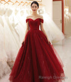 Burgundy Tulle Long Prom Dress A Line Evening Dress
