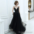 Black v neck tulle beads long prom dress evening dress