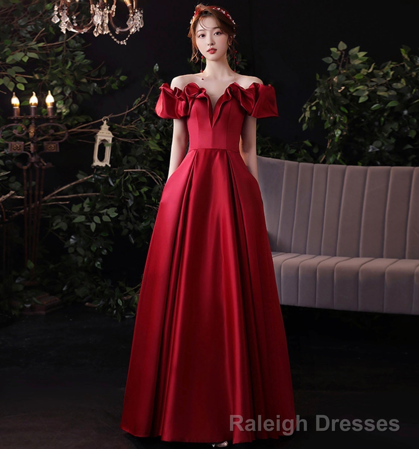 Burgundy satin long prom dress evening dress Main image