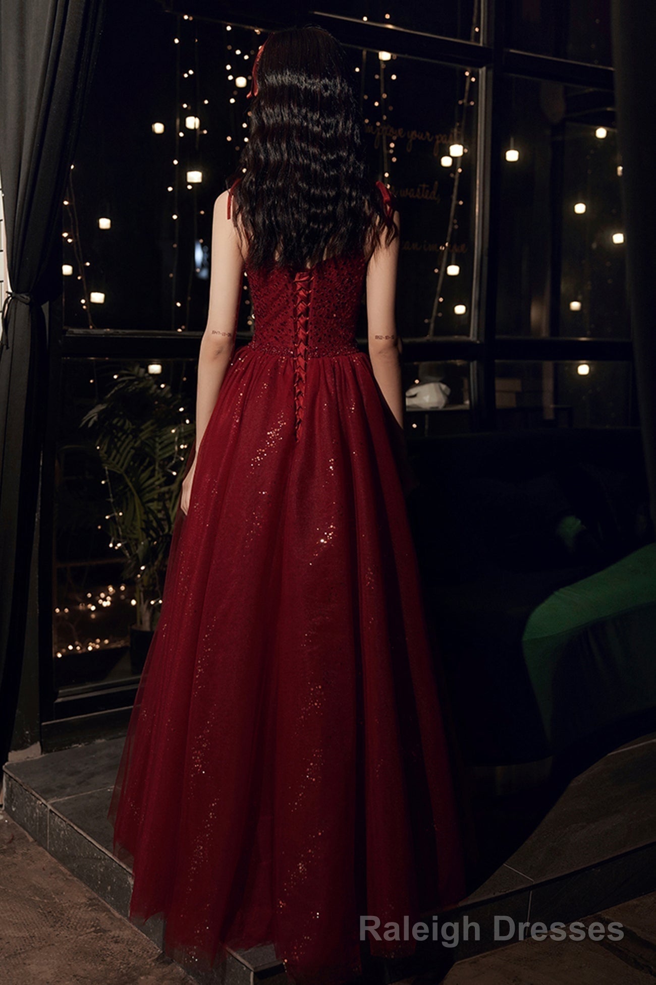 Burgundy tulle sequins long prom dress evening dress