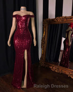Long Mermaid Burgundy Sequin Prom Dress Glitter Split Prom Gown