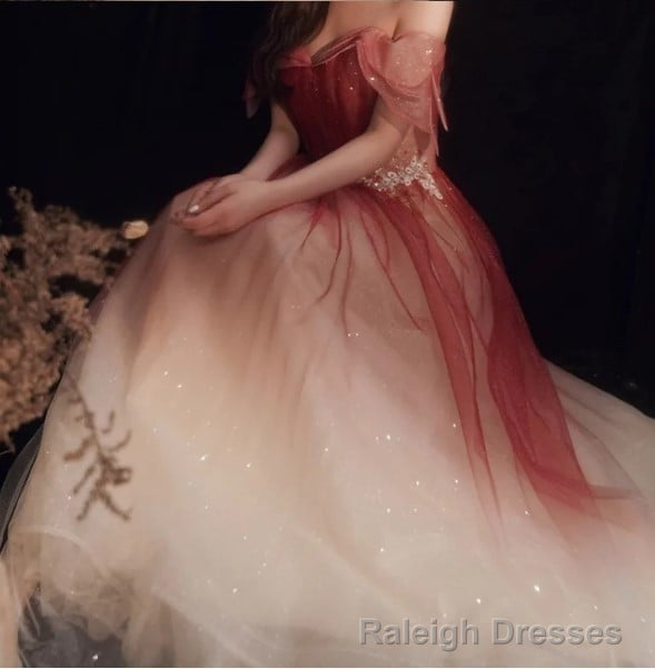 Red Gradient Off the Shoulder Tulle Prom Prom Dress